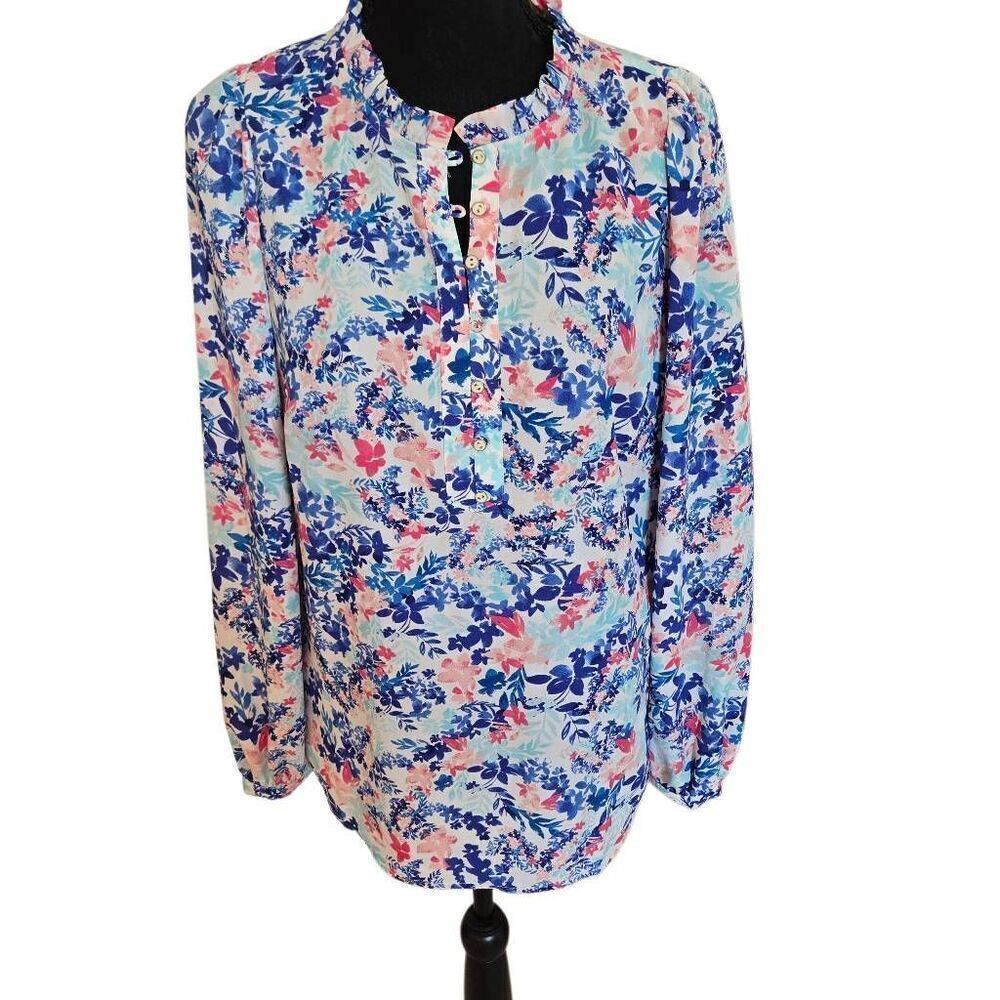 Talbots Womens Floral Ruffled Collar Long Sleeve Blouse Multicolor Small